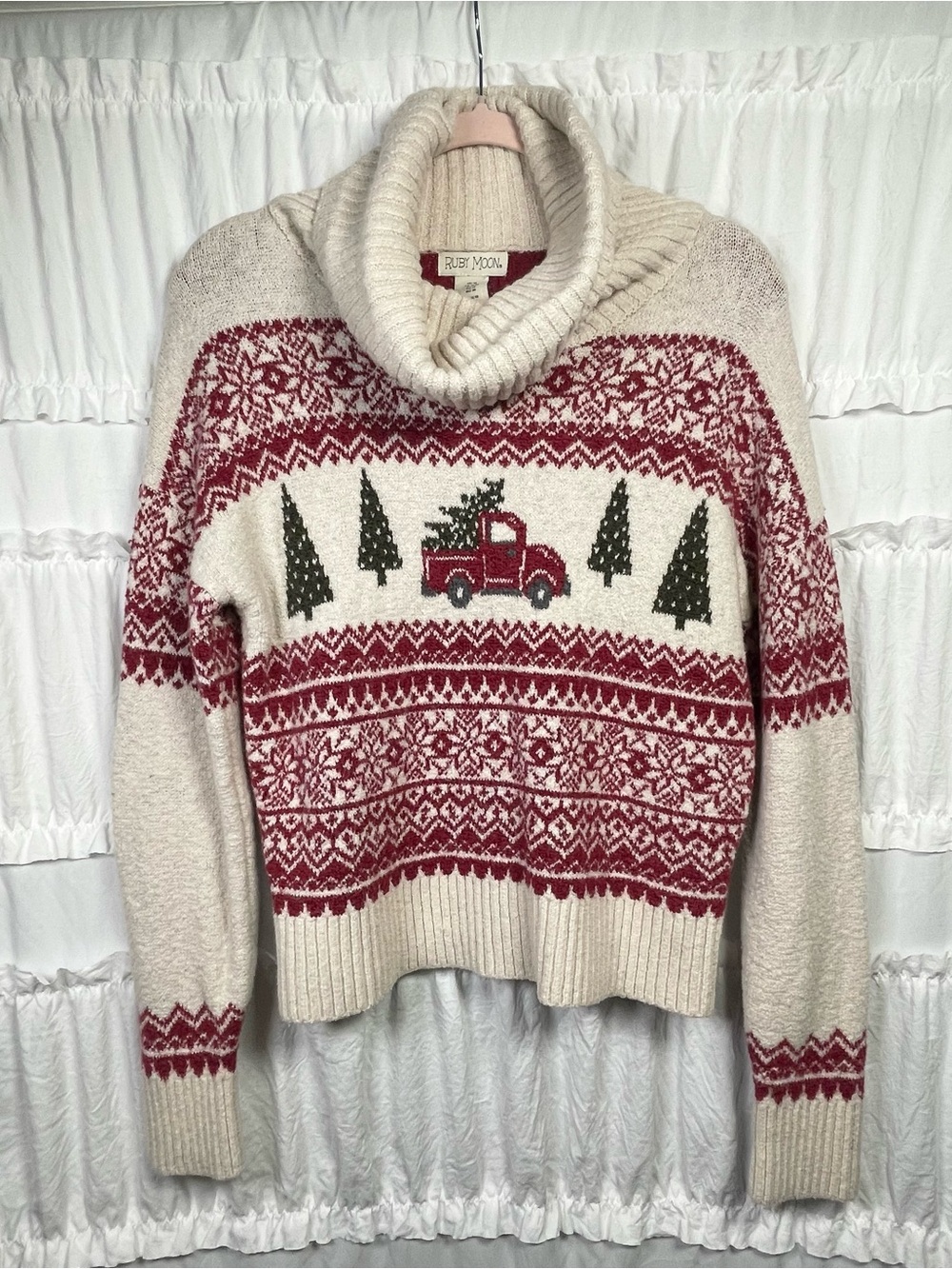 Ruby Moon Christmas Sweater Med Cowl Neck Knit Fair Isle Pullover Holiday Truck